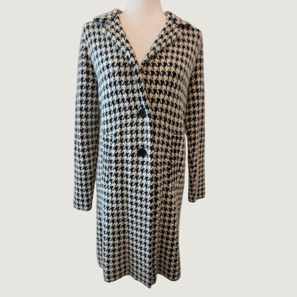 Max Studio Houndstooth Knit Super Soft Coat Black White Ivory Preppy Cozy Small